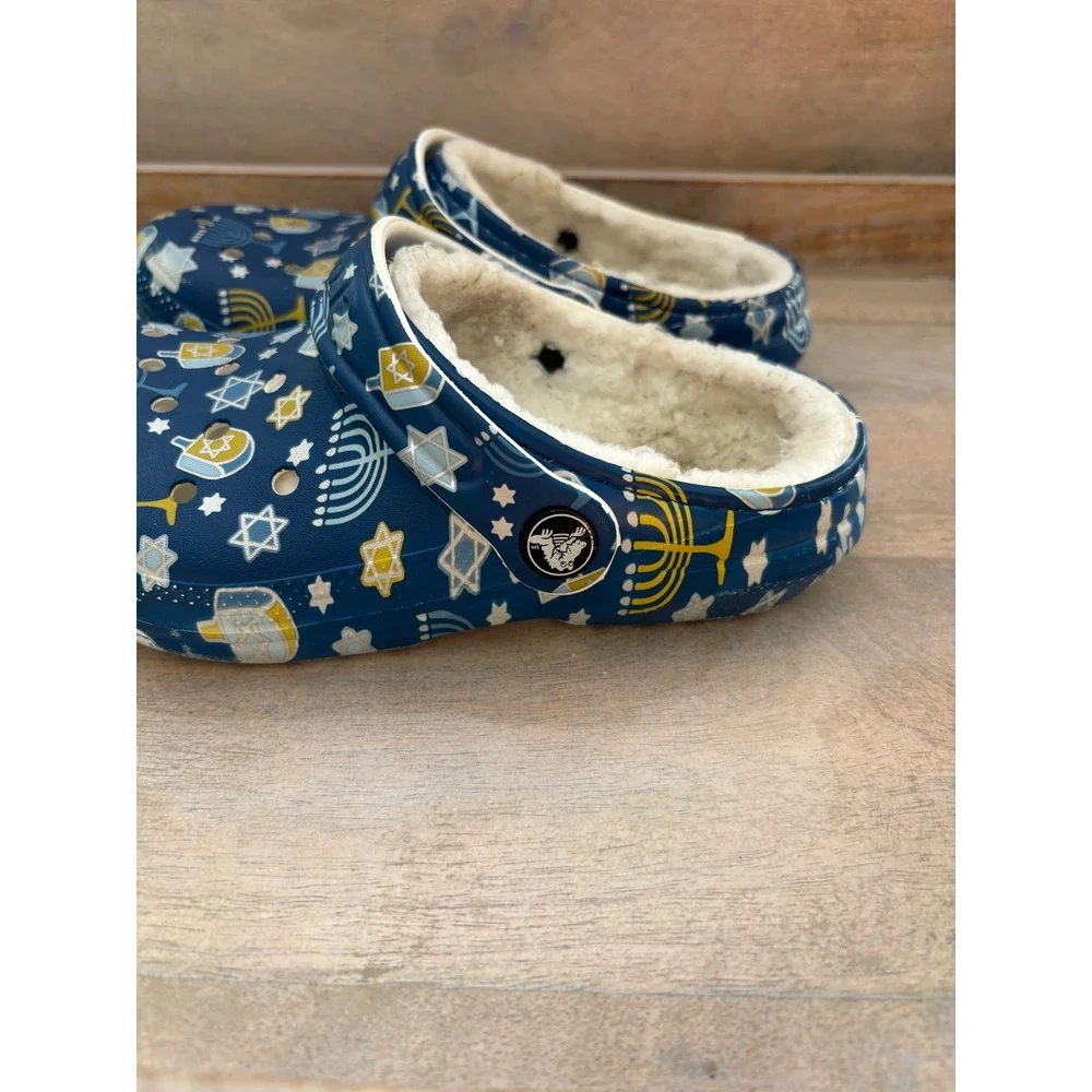 Crocs Hanukkah Classic Lined Clogs Navy Blue Menorah Dreidel Holiday Kids Sz 1